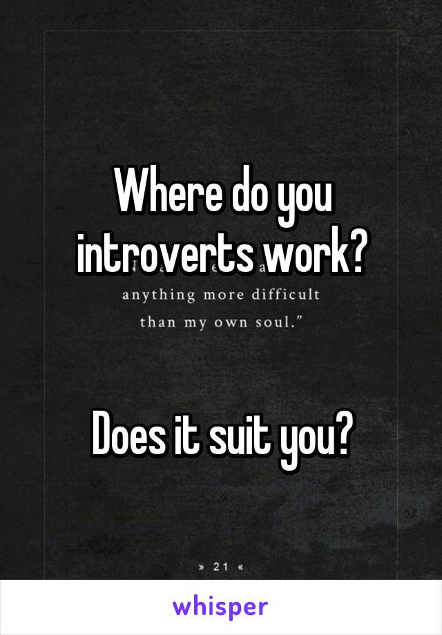 Where do you introverts work?


Does it suit you?