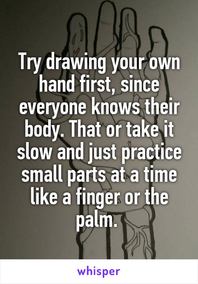 Try drawing your own hand first, since everyone knows their body. That or take it slow and just practice small parts at a time like a finger or the palm. 