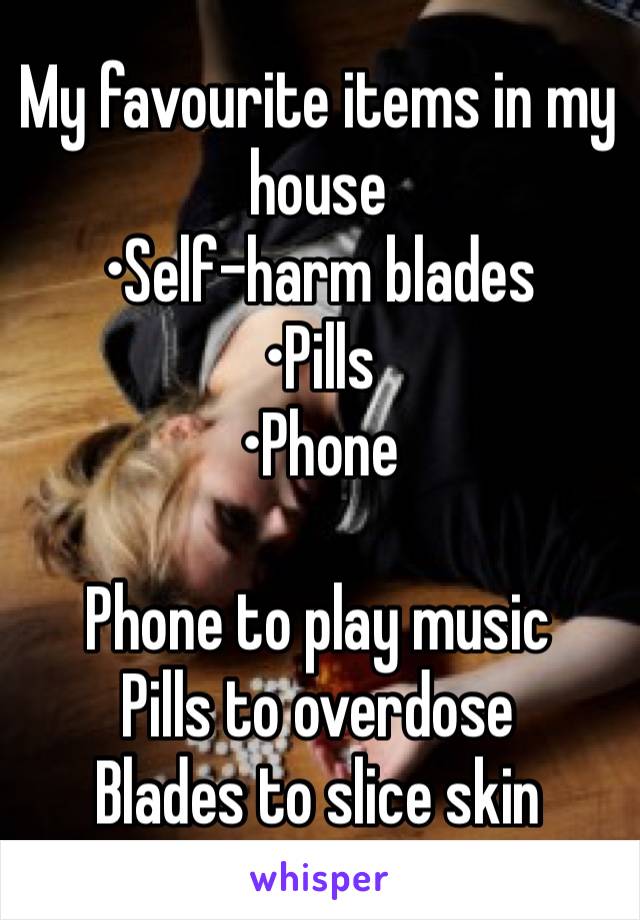 My favourite items in my house 
•Self-harm blades
•Pills
•Phone

Phone to play music 
Pills to overdose
Blades to slice skin