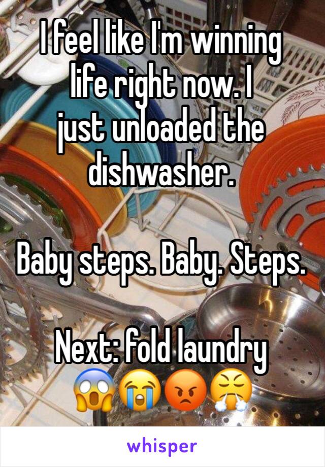 I feel like I'm winning 
life right now. I 
just unloaded the dishwasher. 

Baby steps. Baby. Steps. 

Next: fold laundry 
😱😭😡😤