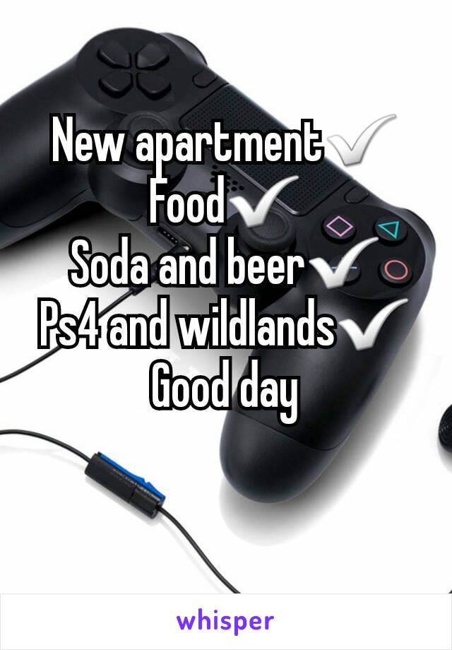 New apartment✅
Food✅
Soda and beer✅
Ps4 and wildlands✅
Good day