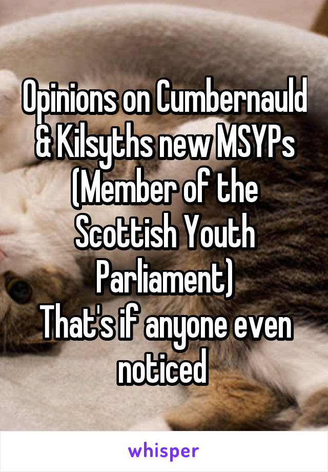 Opinions on Cumbernauld & Kilsyths new MSYPs
(Member of the Scottish Youth Parliament)
That's if anyone even noticed 