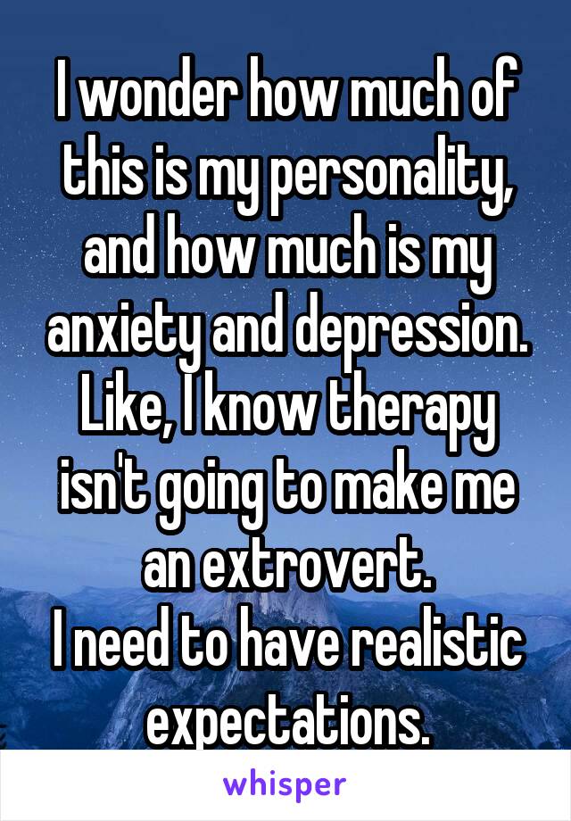 I wonder how much of this is my personality, and how much is my anxiety and depression. Like, I know therapy isn't going to make me an extrovert.
I need to have realistic expectations.