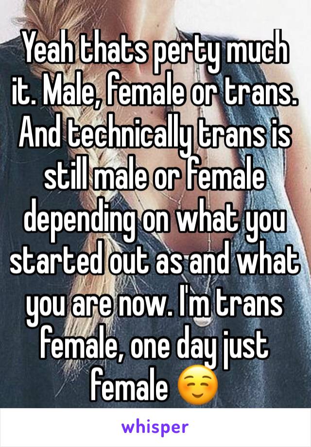 Yeah thats perty much it. Male, female or trans. And technically trans is still male or female depending on what you started out as and what you are now. I'm trans female, one day just female ☺