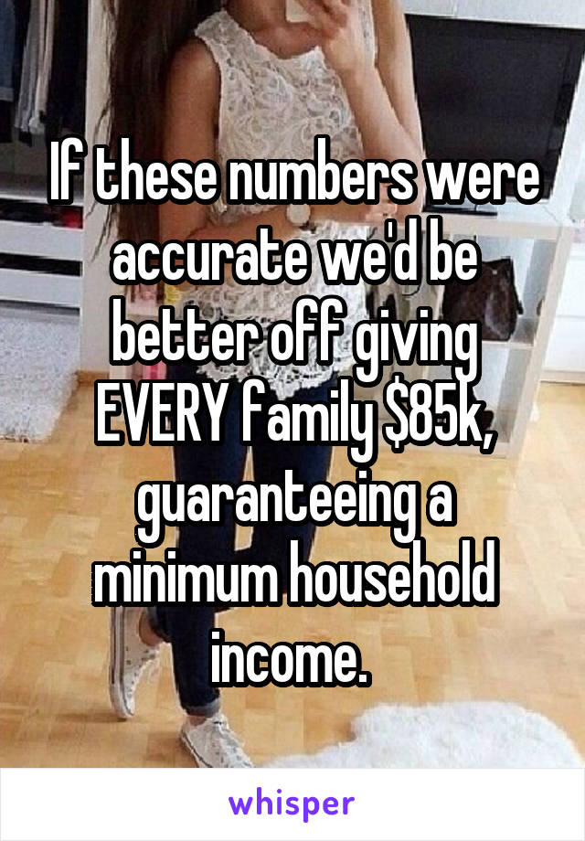 If these numbers were accurate we'd be better off giving EVERY family $85k, guaranteeing a minimum household income. 