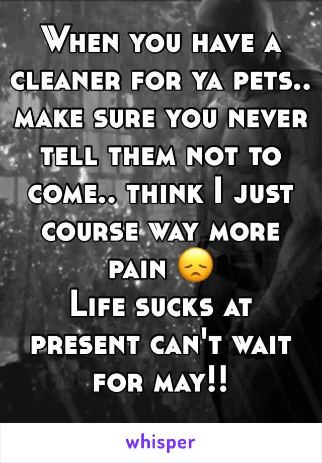 When you have a cleaner for ya pets.. make sure you never tell them not to come.. think I just course way more pain 😞
Life sucks at present can't wait for may!!