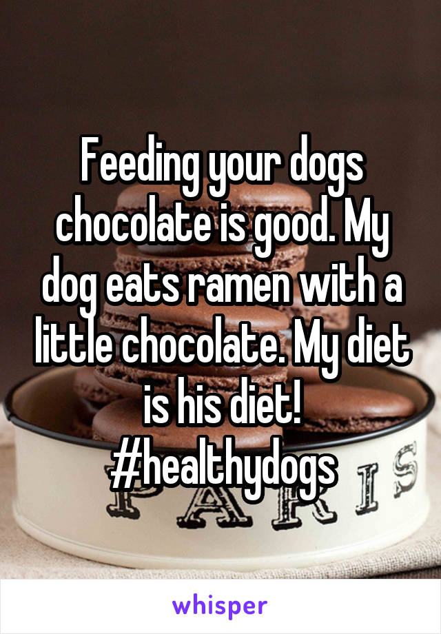 Feeding your dogs chocolate is good. My dog eats ramen with a little chocolate. My diet is his diet! #healthydogs