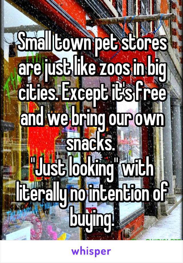 Small town pet stores are just like zoos in big cities. Except it's free and we bring our own snacks. 
"Just looking" with literally no intention of buying.