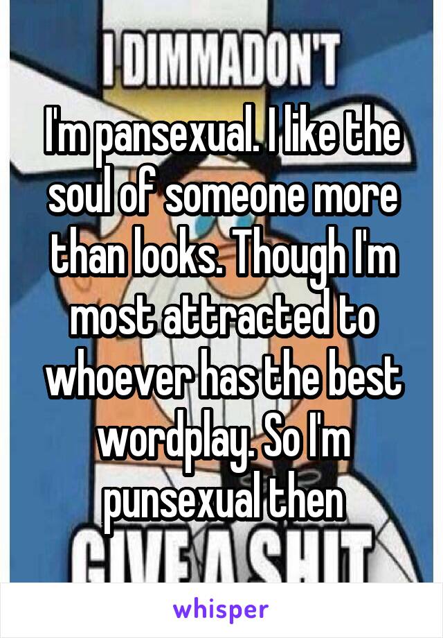 I'm pansexual. I like the soul of someone more than looks. Though I'm most attracted to whoever has the best wordplay. So I'm punsexual then