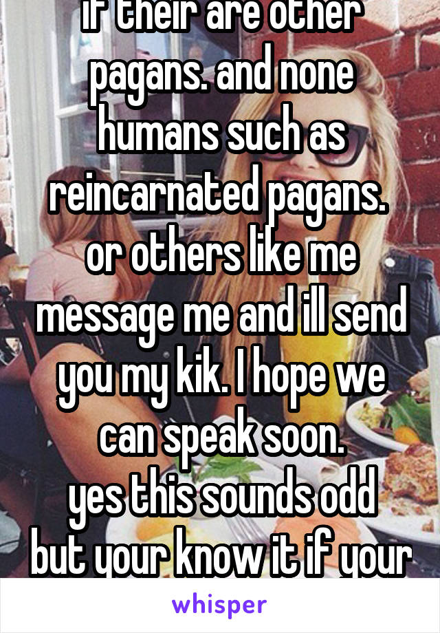 if their are other pagans. and none humans such as reincarnated pagans. 
or others like me message me and ill send you my kik. I hope we can speak soon.
yes this sounds odd but your know it if your it