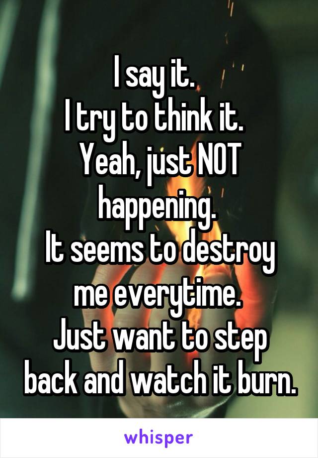 I say it.  
I try to think it.  
Yeah, just NOT happening. 
It seems to destroy me everytime. 
Just want to step back and watch it burn.