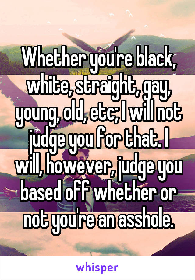 Whether you're black, white, straight, gay, young, old, etc; I will not judge you for that. I will, however, judge you based off whether or not you're an asshole.