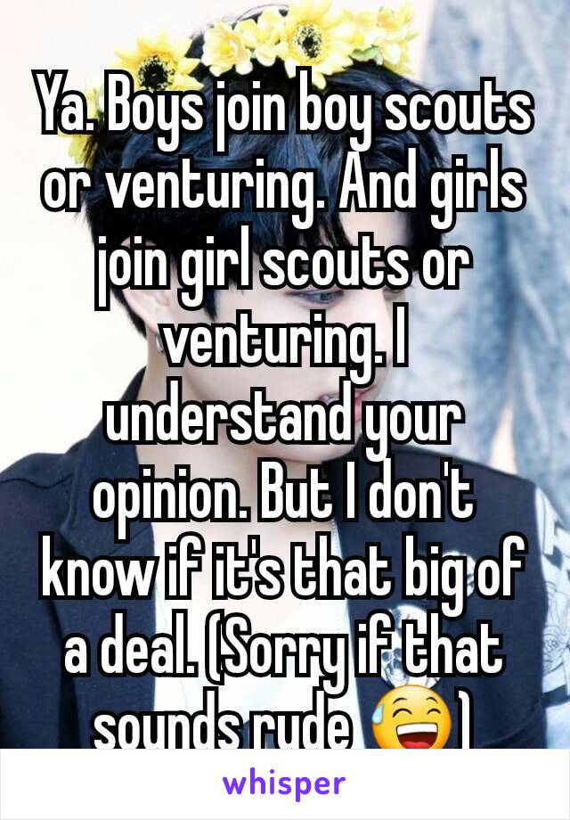 Ya. Boys join boy scouts or venturing. And girls join girl scouts or venturing. I understand your opinion. But I don't know if it's that big of a deal. (Sorry if that sounds rude 😅)