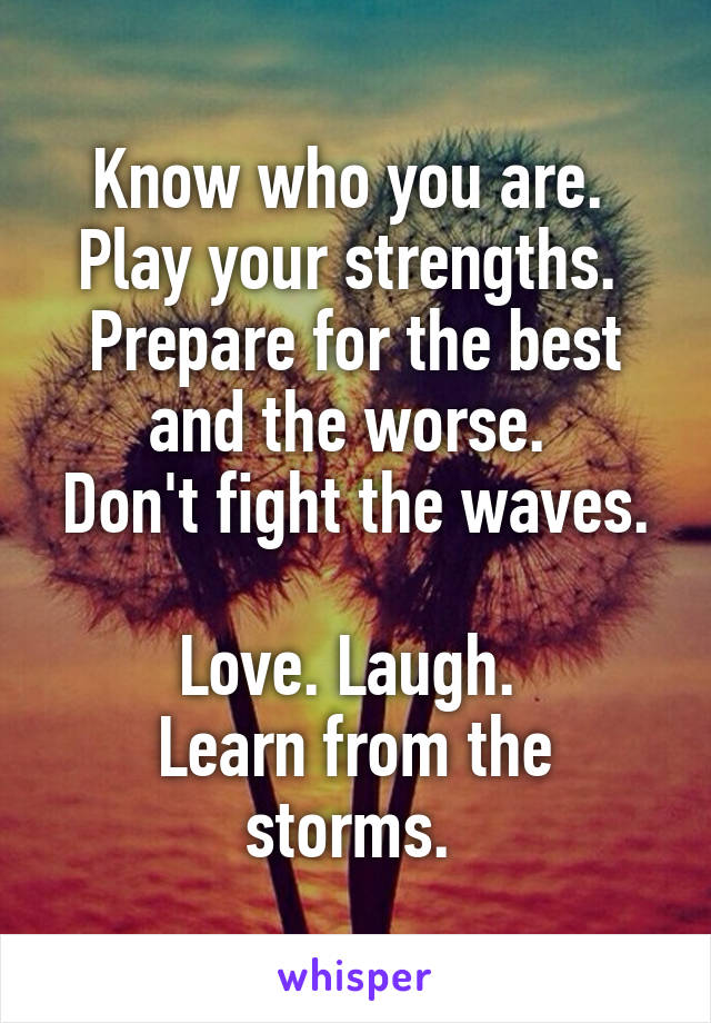 Know who you are. 
Play your strengths. 
Prepare for the best and the worse. 
Don't fight the waves. 
Love. Laugh. 
Learn from the storms. 