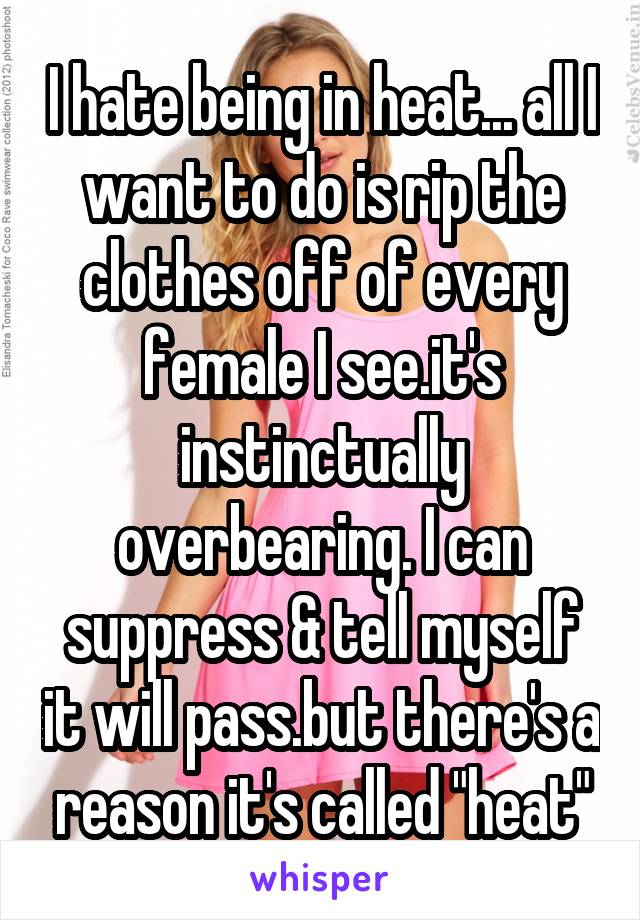 I hate being in heat... all I want to do is rip the clothes off of every female I see.it's instinctually overbearing. I can suppress & tell myself it will pass.but there's a reason it's called "heat"