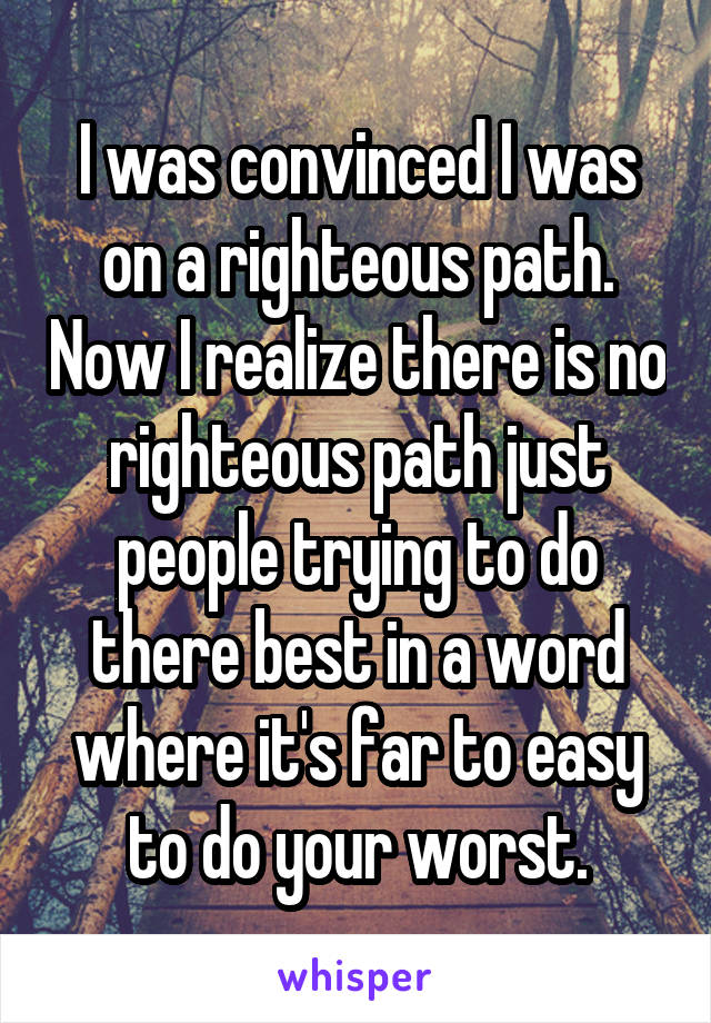 I was convinced I was on a righteous path. Now I realize there is no righteous path just people trying to do there best in a word where it's far to easy to do your worst.