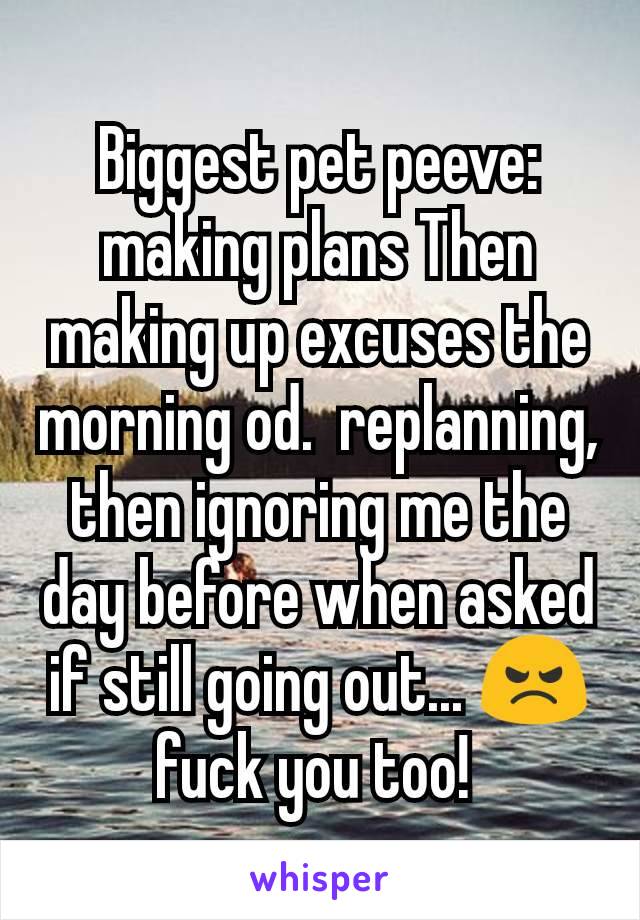 Biggest pet peeve: making plans Then making up excuses the morning od.  replanning, then ignoring me the day before when asked if still going out... 😠 fuck you too! 