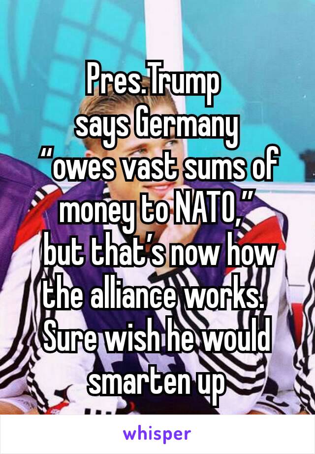 Pres.Trump 
says Germany
 “owes vast sums of money to NATO,”
 but that’s now how the alliance works. 
Sure wish he would smarten up