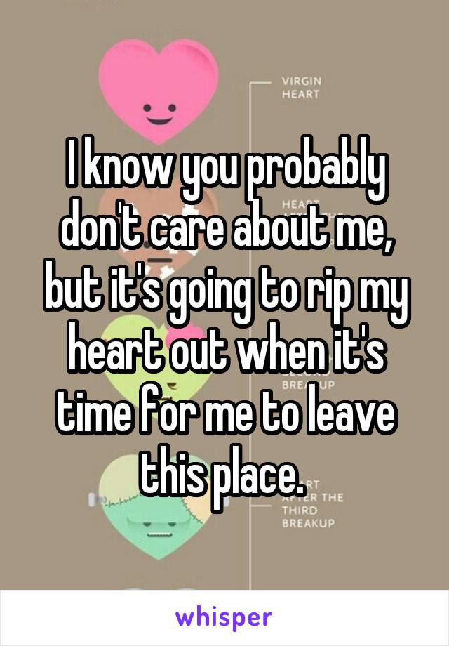 I know you probably don't care about me, but it's going to rip my heart out when it's time for me to leave this place. 