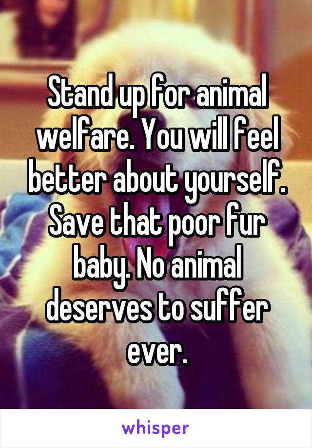 Stand up for animal welfare. You will feel better about yourself. Save that poor fur baby. No animal deserves to suffer ever.