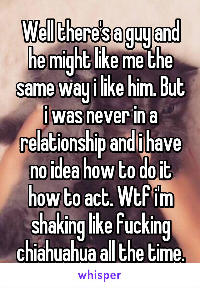 Well there's a guy and he might like me the same way i like him. But i was never in a relationship and i have no idea how to do it how to act. Wtf i'm shaking like fucking chiahuahua all the time.