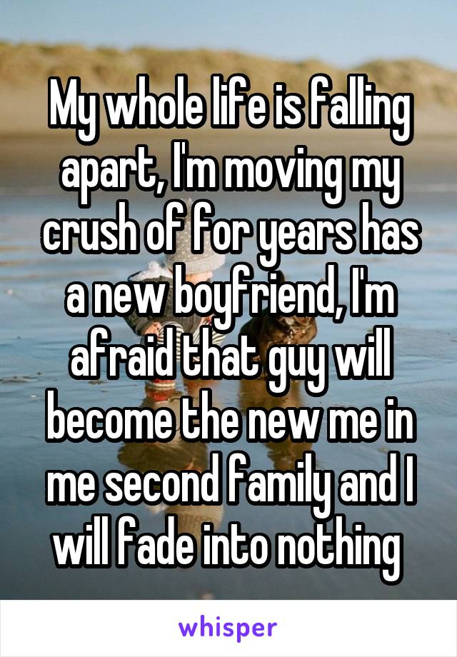 My whole life is falling apart, I'm moving my crush of for years has a new boyfriend, I'm afraid that guy will become the new me in me second family and I will fade into nothing 