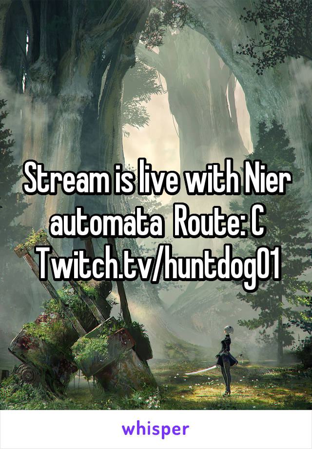 Stream is live with Nier automata  Route: C
Twitch.tv/huntdog01