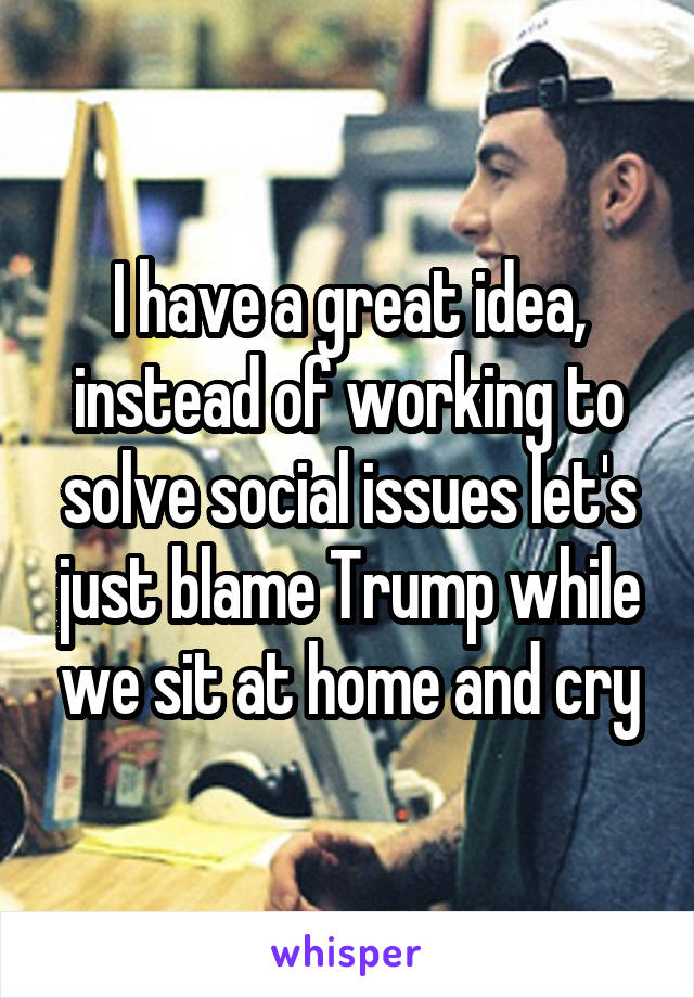 I have a great idea, instead of working to solve social issues let's just blame Trump while we sit at home and cry