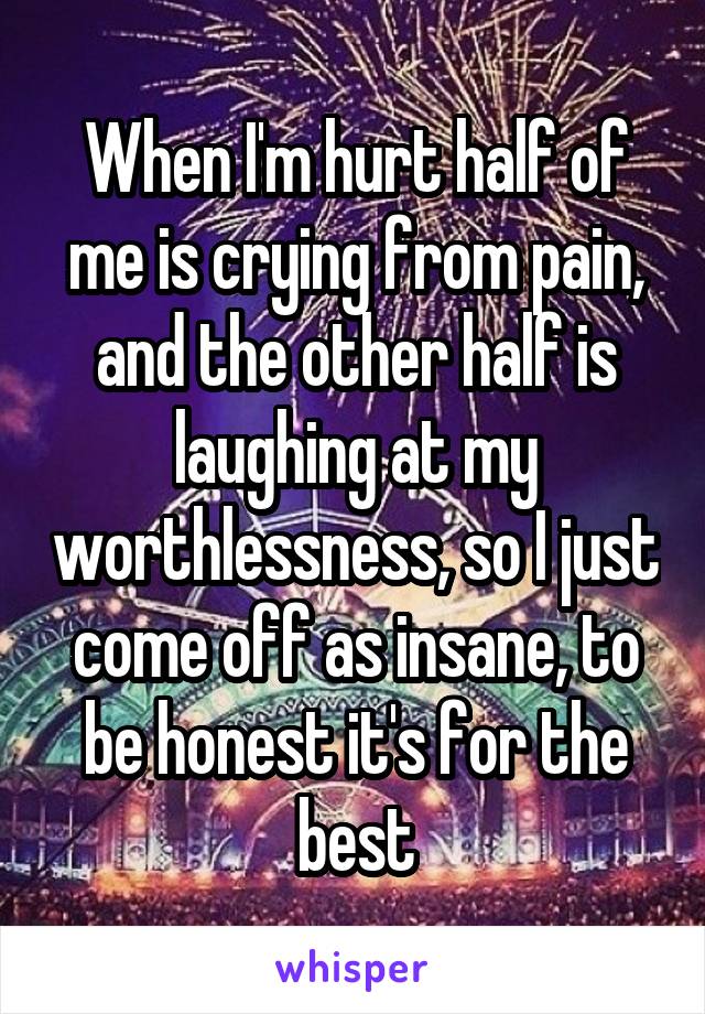 When I'm hurt half of me is crying from pain, and the other half is laughing at my worthlessness, so I just come off as insane, to be honest it's for the best