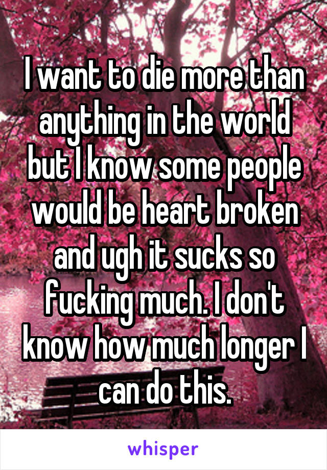 I want to die more than anything in the world but I know some people would be heart broken and ugh it sucks so fucking much. I don't know how much longer I can do this.