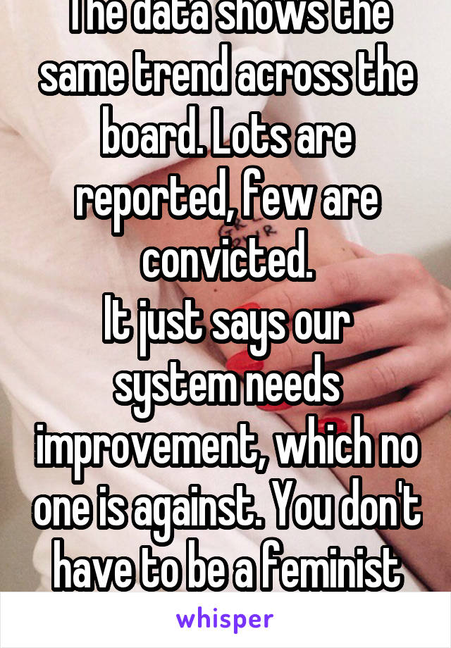 The data shows the same trend across the board. Lots are reported, few are convicted.
It just says our system needs improvement, which no one is against. You don't have to be a feminist to fight it