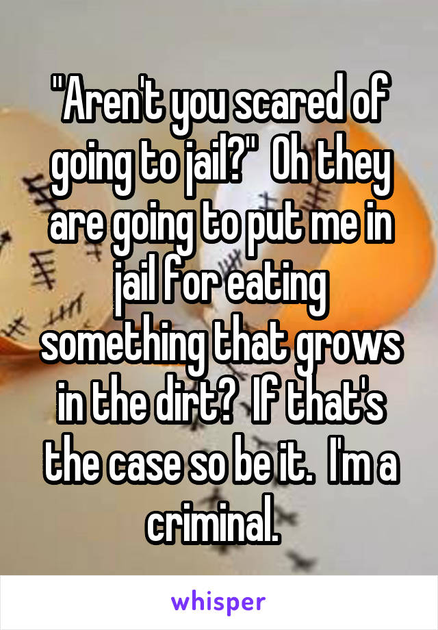 "Aren't you scared of going to jail?"  Oh they are going to put me in jail for eating something that grows in the dirt?  If that's the case so be it.  I'm a criminal.  