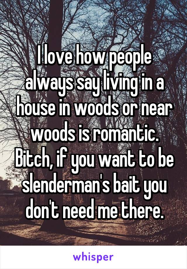 I love how people always say living in a house in woods or near woods is romantic. Bitch, if you want to be slenderman's bait you don't need me there.