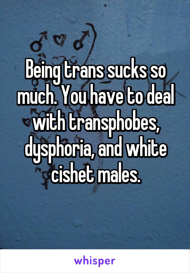 Being trans sucks so much. You have to deal with transphobes, dysphoria, and white cishet males.
