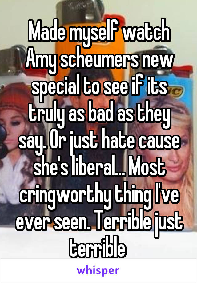 Made myself watch Amy scheumers new special to see if its truly as bad as they say. Or just hate cause she's liberal... Most cringworthy thing I've ever seen. Terrible just terrible 