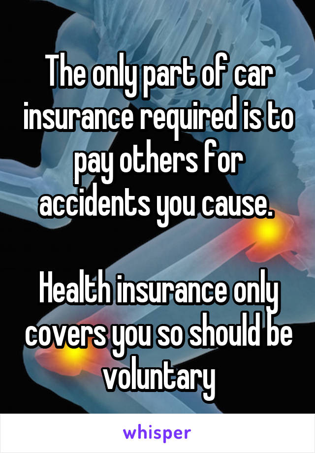 The only part of car insurance required is to pay others for accidents you cause. 

Health insurance only covers you so should be voluntary
