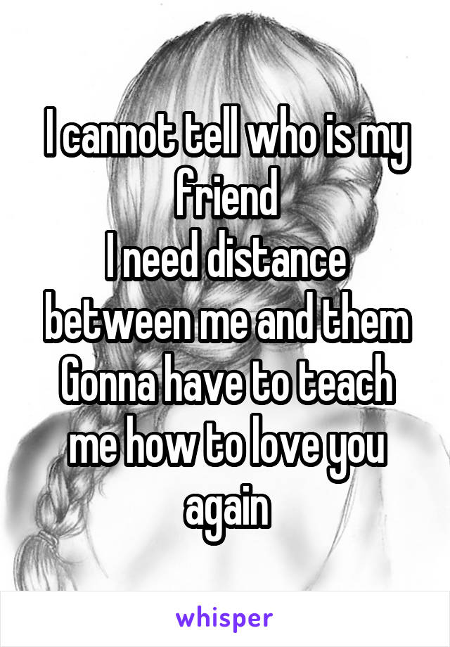 
I cannot tell who is my friend
I need distance between me and them
Gonna have to teach me how to love you again
