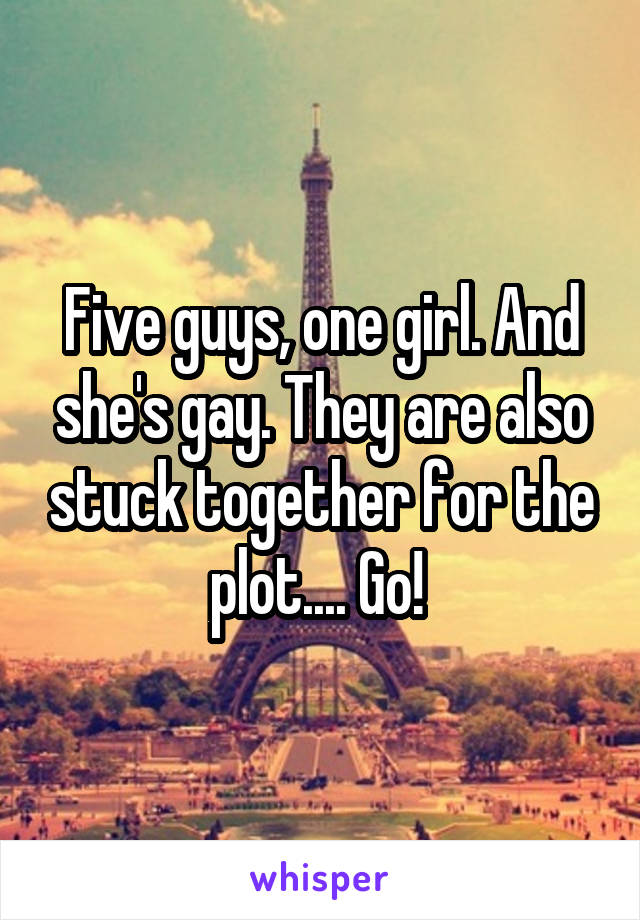 Five guys, one girl. And she's gay. They are also stuck together for the plot.... Go! 