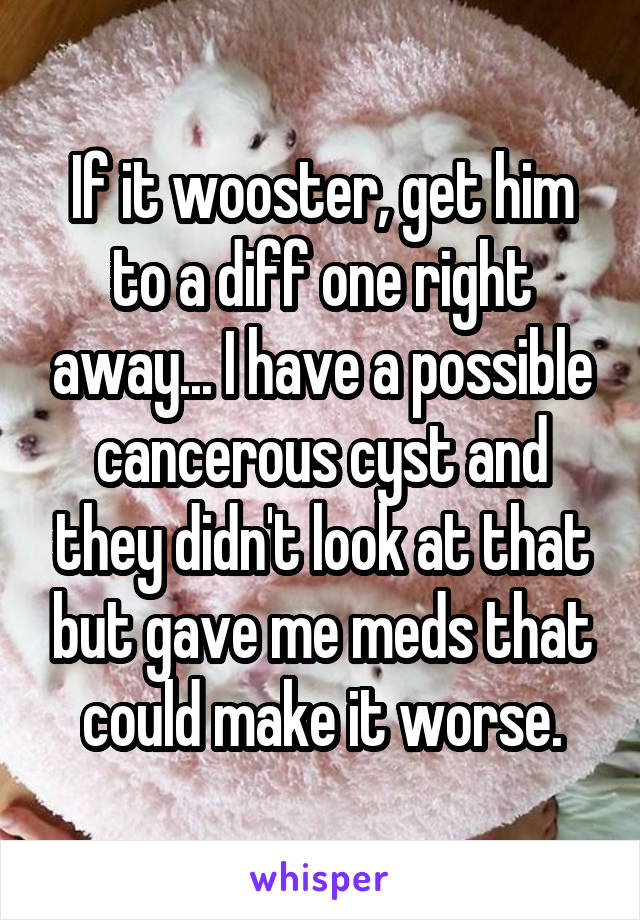 If it wooster, get him to a diff one right away... I have a possible cancerous cyst and they didn't look at that but gave me meds that could make it worse.