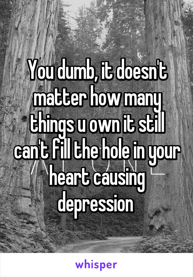 You dumb, it doesn't matter how many things u own it still can't fill the hole in your heart causing depression 