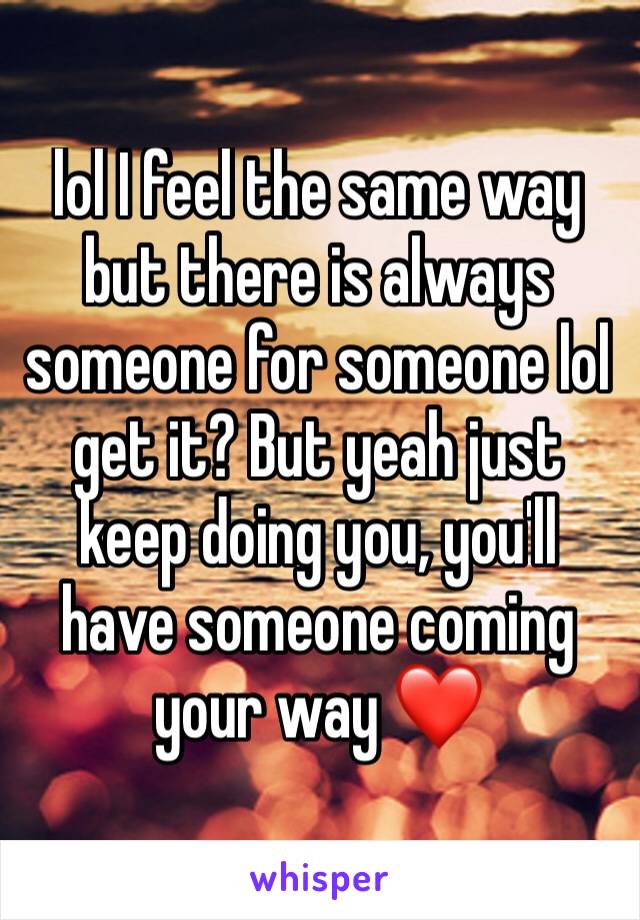 lol I feel the same way but there is always someone for someone lol get it? But yeah just keep doing you, you'll have someone coming your way ❤️