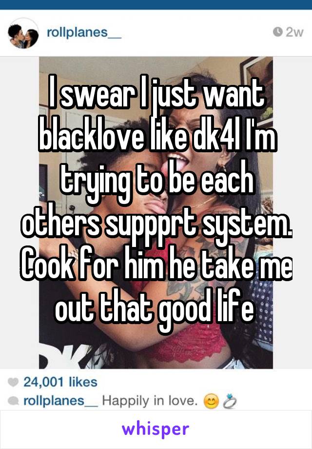 I swear I just want blacklove like dk4l I'm trying to be each others suppprt system. Cook for him he take me out that good life 
