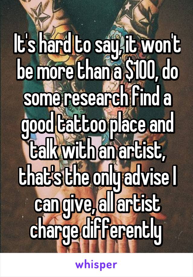 It's hard to say, it won't be more than a $100, do some research find a good tattoo place and talk with an artist, that's the only advise I can give, all artist charge differently 