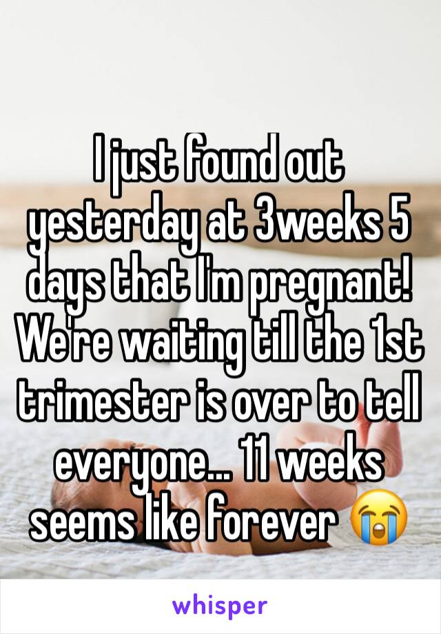 I just found out yesterday at 3weeks 5 days that I'm pregnant! We're waiting till the 1st trimester is over to tell everyone... 11 weeks seems like forever 😭