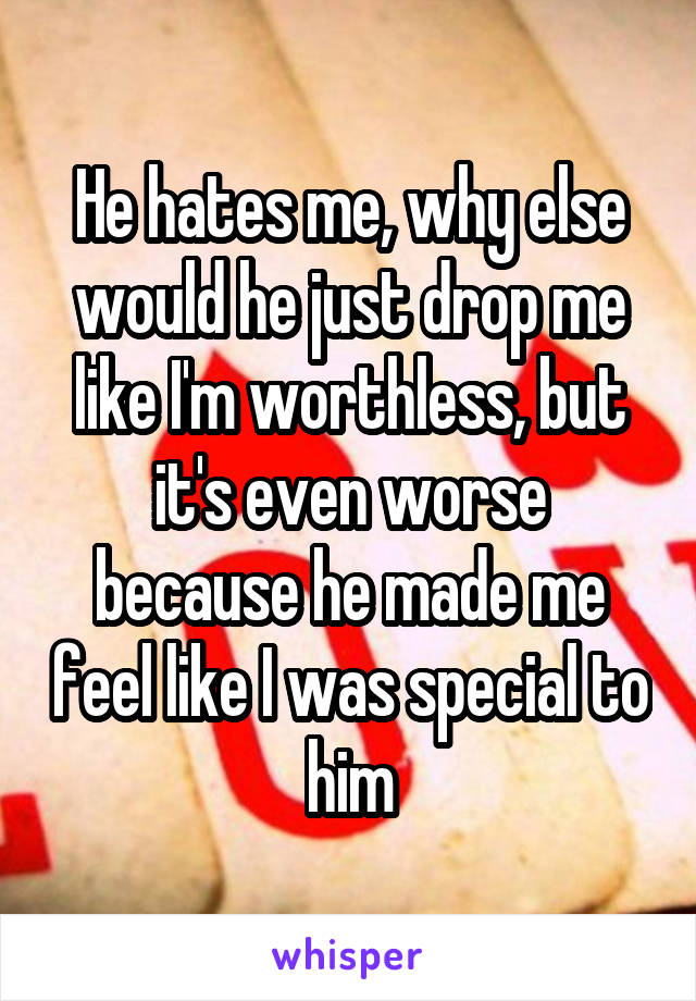 He hates me, why else would he just drop me like I'm worthless, but it's even worse because he made me feel like I was special to him