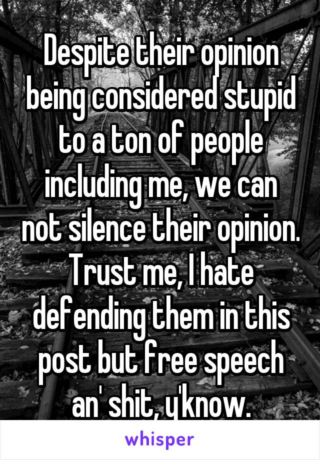 Despite their opinion being considered stupid to a ton of people including me, we can not silence their opinion. Trust me, I hate defending them in this post but free speech an' shit, y'know.