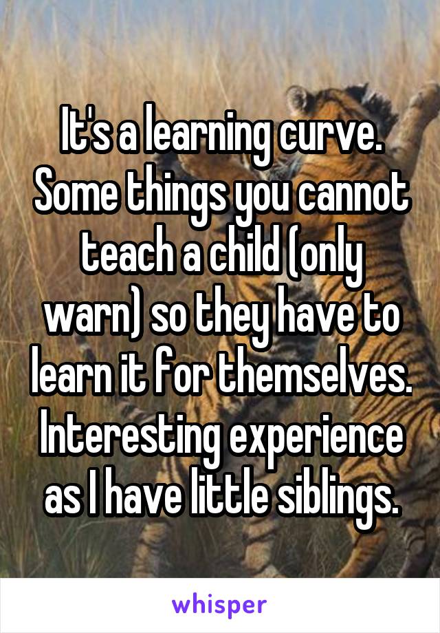 It's a learning curve. Some things you cannot teach a child (only warn) so they have to learn it for themselves. Interesting experience as I have little siblings.