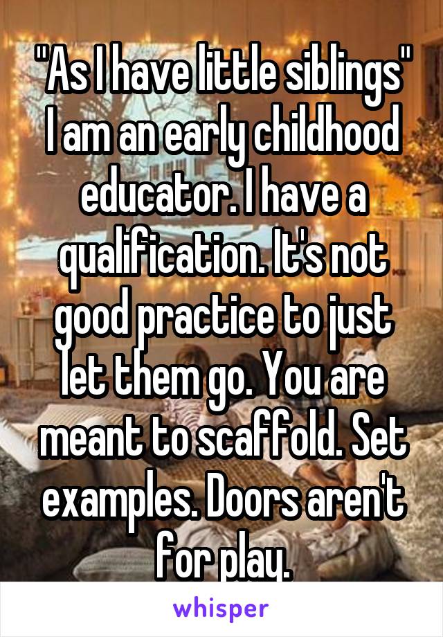 "As I have little siblings"
I am an early childhood educator. I have a qualification. It's not good practice to just let them go. You are meant to scaffold. Set examples. Doors aren't for play.
