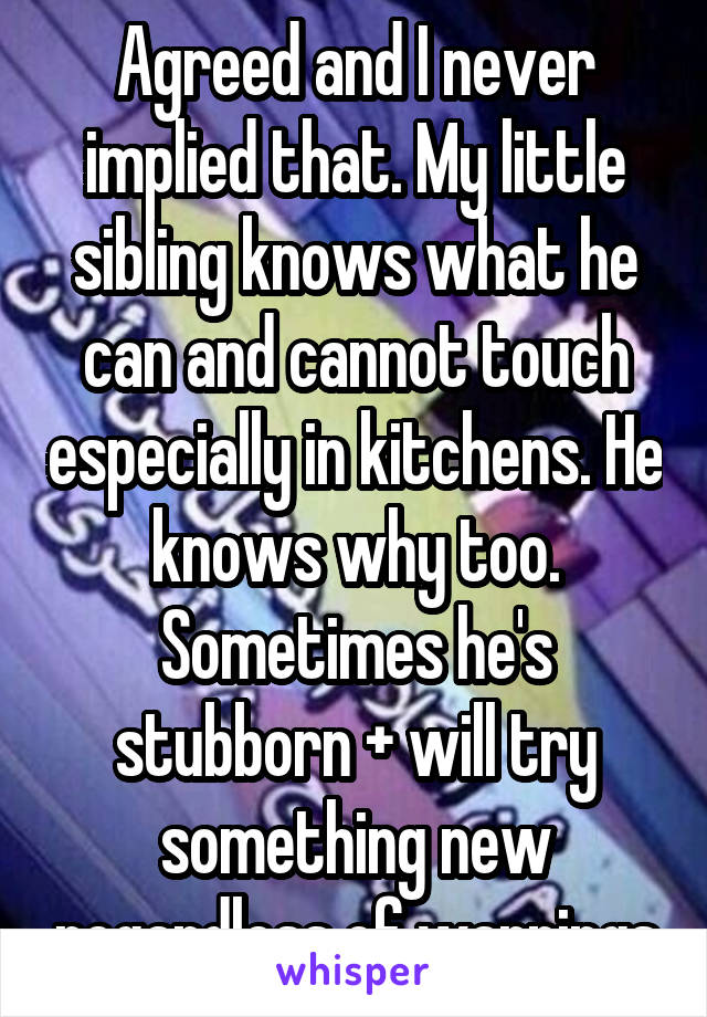 Agreed and I never implied that. My little sibling knows what he can and cannot touch especially in kitchens. He knows why too. Sometimes he's stubborn + will try something new regardless of warnings