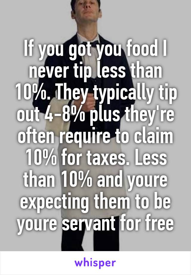 If you got you food I never tip less than 10%. They typically tip out 4-8% plus they're often require to claim 10% for taxes. Less than 10% and youre expecting them to be youre servant for free